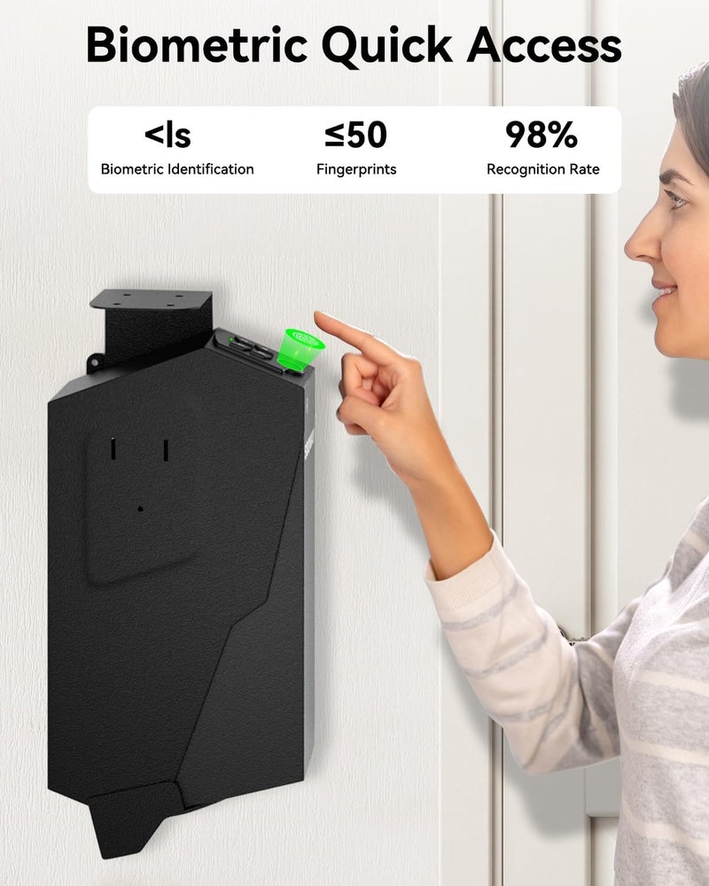 SOOWAY Gun Safe, Mounted Biometric Pistol Safe Drop Down Gun Lock Box for Handgun with 3 Ways Quick Access Bedside Pistol Case for Nightstand, Desk, Wall, Dresser - Image 3